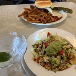 Frito pie, house margarita and bison burger