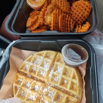 The Cookshack - Chicken and Waffle Dinner - 3 Tenders, Belgian Waffle & Sweet Potato Waffle Fries *yummy!! - Chicken Shop Near Me - Houston, Texas