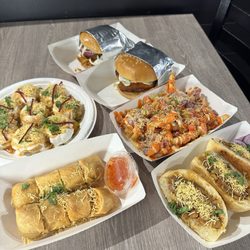 Desi Rasoi - Spaghetti noodle burger, paneer burger, noodle spring rolls, fries, other two items I forgot but was so delicious