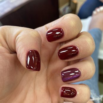 Holiday Nails - OPI "I've got the blues for red" gel mani with iridescent nail design on ring finger. By Jenny! - Nail Salons Near Me - Los Angeles, California Holiday Nails - OPI "I've got the blues for red" gel mani with iridescent nail design on ring finger. By Jenny! - Nail Salons Near Me - Los Angeles, California