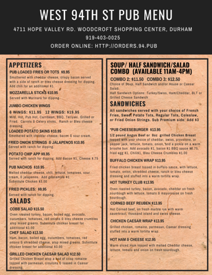 Menu photo 3 West 94th St Pub Durham, NC