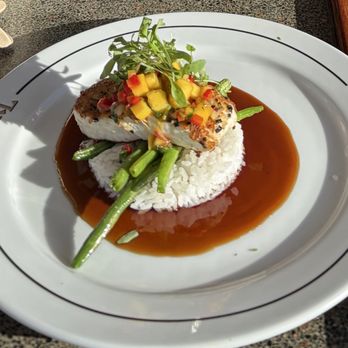 Hula Girl - Furikake crusted Monchong with mango salsa over rice, green beans and a sweet soy sauce glaze. Incredible meal. - Boating Near Me - Lahaina, Hawaii