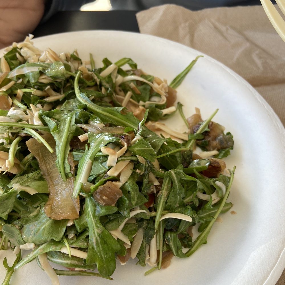 Orzo salad, mostly arugula with ton of onions, not sure what stringy white stuff is. Not a lot of flavor. See any orzo? Orzo salad, mostly arugula with ton of onions, not sure what stringy white stuff is. Not a lot of flavor. See any orzo?