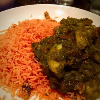 Nu Delhi - SAAG ALOO (V) (spinach & potato with cumin seeds & garlic) and mushroom rice. Doesn't look very appetising but is DELICIOUS! - Indian Near Me - Belfast, BFS