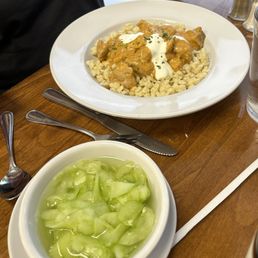 Chicken paprika with goulash accompanied by cucumber salad Chicken paprika with goulash accompanied by cucumber salad
