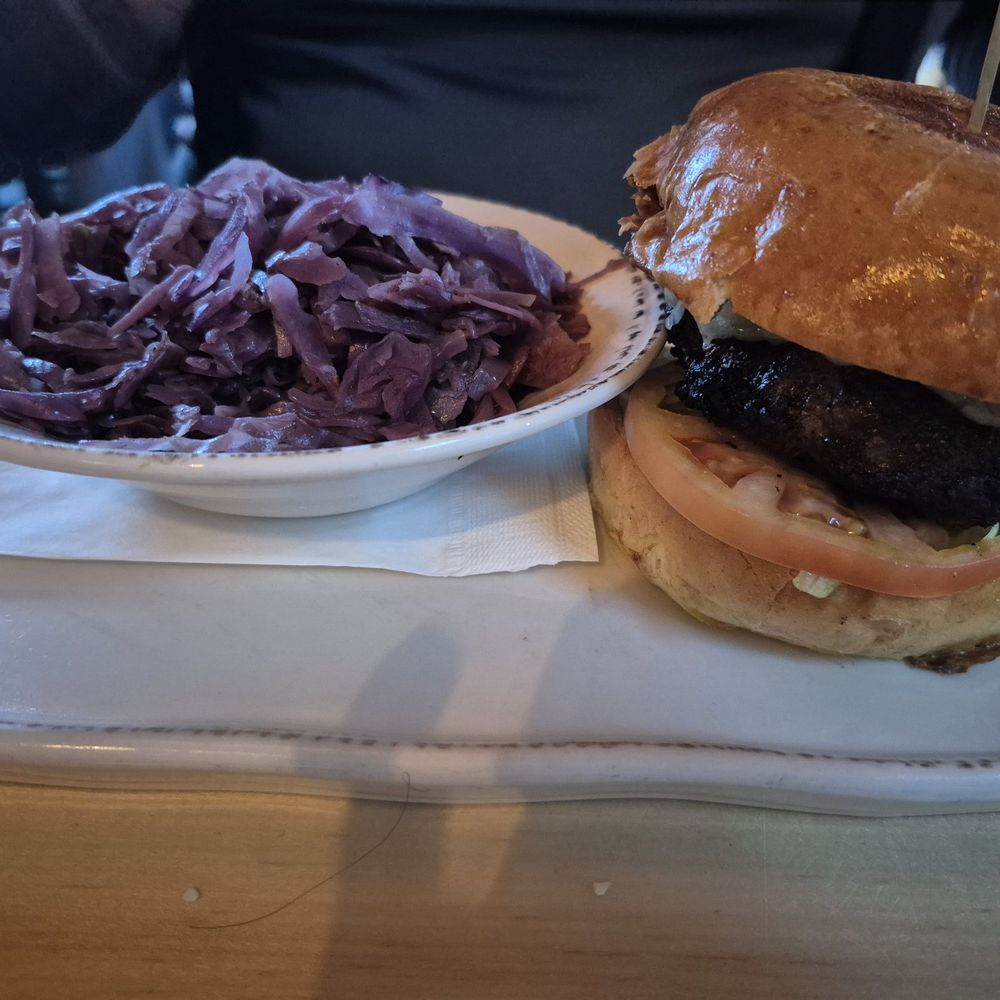 Burger with red cabbage (nobody liked the cabbage but Burger was good albeit small)