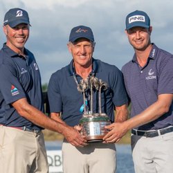 QBE Shootout - 2020 QBE Shootout champions Matt Kuchar and Harris English with tournament host Greg Norman. Kuch and English have won this event 3 times.