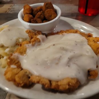 Lone Star Cafe - Famous Chicken Fried Steak with peppered white gravy, creamy mashed potatoes and fried okra - Southern Near Me - Hillsboro, Texas Lone Star Cafe - Famous Chicken Fried Steak with peppered white gravy, creamy mashed potatoes and fried okra - Southern Near Me - Hillsboro, Texas