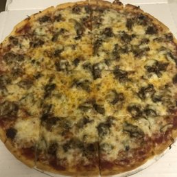 Thin butter crust pizza with mushroom and beef/hamburger. Thin butter crust pizza with mushroom and beef/hamburger.