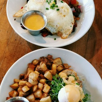Oddfellows - Pork belly Benedict (bottom) and short rib hash (top) - Breakfast & Brunch Near Me - Dallas, Texas Oddfellows - Pork belly Benedict (bottom) and short rib hash (top) - Breakfast & Brunch Near Me - Dallas, Texas