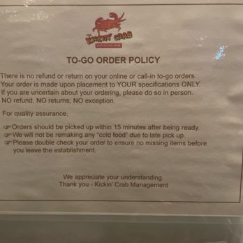 The Kickin' Crab - To go policy 12/23/23 - Cajun/Creole Near Me - Chino Hills, California The Kickin' Crab - To go policy 12/23/23 - Cajun/Creole Near Me - Chino Hills, California