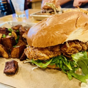 Fire Ant Brewing - Sweet tea fried chicken sandwich with flavorful salt and vinegar potatoes! - Bars Near Me - Tomball, Texas Fire Ant Brewing - Sweet tea fried chicken sandwich with flavorful salt and vinegar potatoes! - Bars Near Me - Tomball, Texas