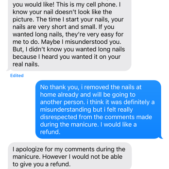 California Nails - Image of them barely apologizing and refusing a refund - Nail Salons Near Me - Orlando, Florida