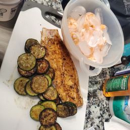 Zucchini, red sea bass and large shrimp