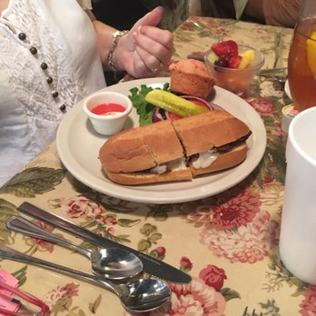 Secret Garden Restaurant - Roast beef sandwich, fruit and a strawberry muffin. - Antiques Near Me - Fort Worth, Texas
