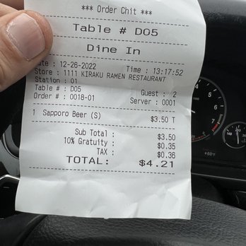 Kiraku - Receipt with original menu price - Sushi Bars Near Me - Gardena, California