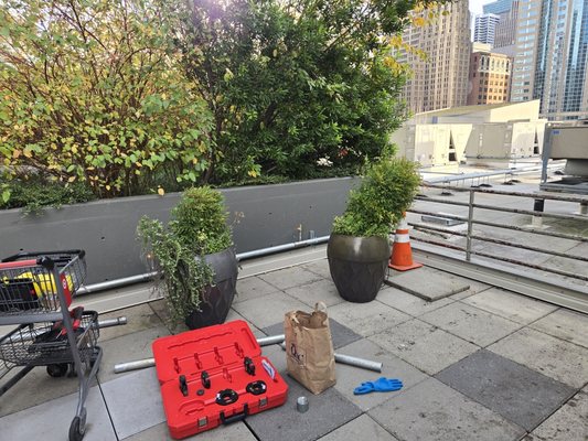 Commercial Gas Extension - This is an 80' extension of a 2" commercial gas line at the Newmark Tower condominiums. This is the rough in for a new BBQ area on the patio.