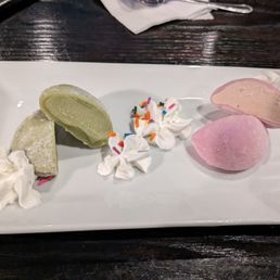 Complimentary mochi: green tea and strawberry Complimentary mochi: green tea and strawberry