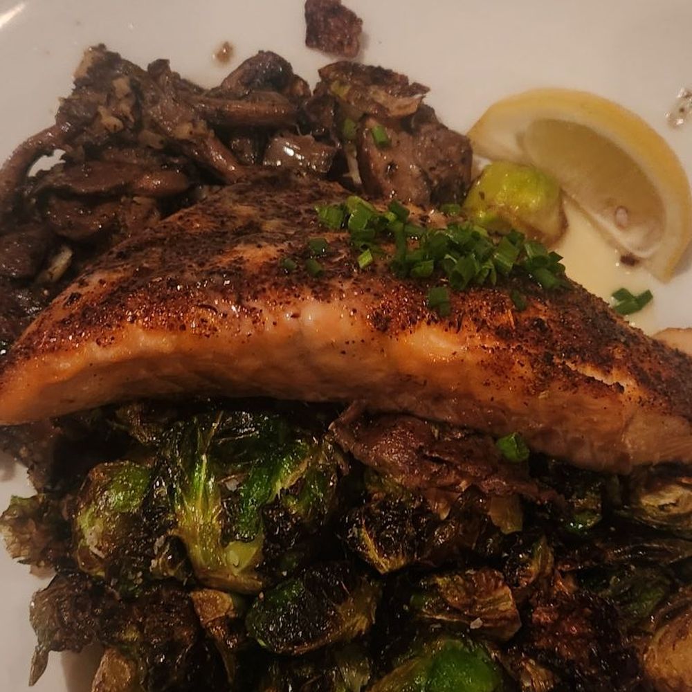 It's what's for dinner; salmon, sautéed mushrooms and brussel sprouts It's what's for dinner; salmon, sautéed mushrooms and brussel sprouts