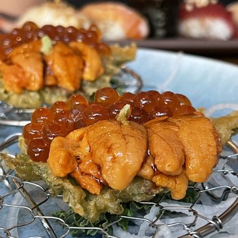 Sushi Mon - Uni with ikura on a fried ships leaf - Japanese Near Me - Raleigh, North Carolina Sushi Mon - Uni with ikura on a fried ships leaf - Japanese Near Me - Raleigh, North Carolina