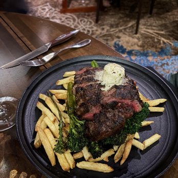 The Willows - Flat iron steak with French fries and broccolini - Seafood Near Me - Santa Ynez, California
