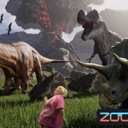 Running from the scary - The image depicts a person with blonde hair and a pink shirt standing on green grass in front of a scene with animated dinosaurs, including a T-Rex, a Triceratops, and a long-necked dinosaur. The background features mountains, volcanic eruptions, and smoke, creating a prehistoric landscape setting. The scene appears to be digitally created, with the 'ZOOCADE' logo in the bottom right corner.
