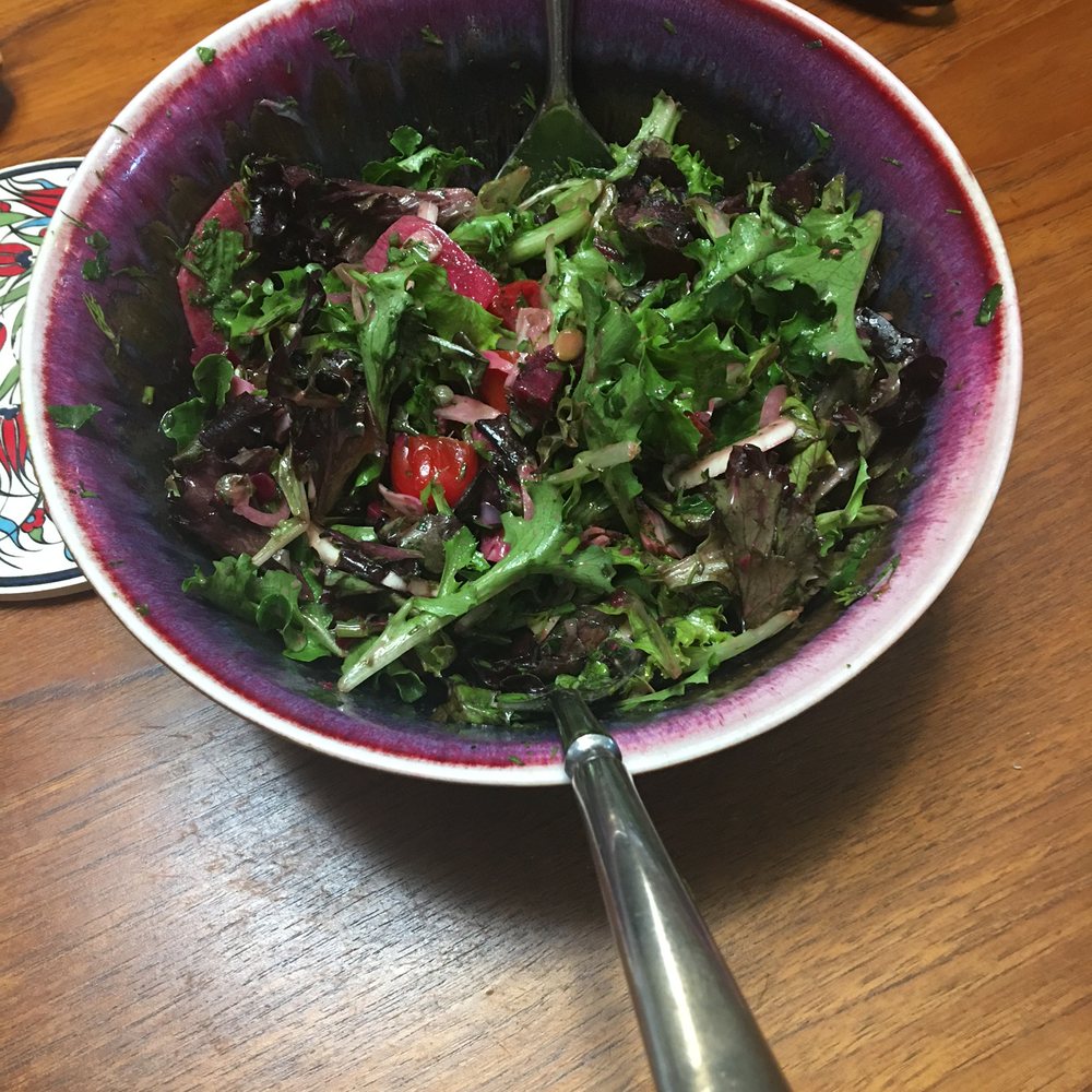 Herby green salad w/ my additions of TSH pickled beets, TJ's marinated artichoke hearts cut up and cherry tomatoes, also cut up Herby green salad w/ my additions of TSH pickled beets, TJ's marinated artichoke hearts cut up and cherry tomatoes, also cut up