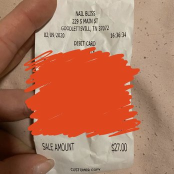 Nail Bliss - Made to pay even after I expressed how I felt, she watched me take the polish off, and I stated that I shouldn't have to pay for it. - Nail Salons Near Me - Goodlettsville, Tennessee