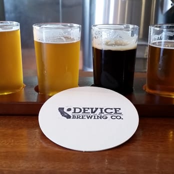 Device Brewing - Sampling some beers at Device Brewing Co.  Left to right, Integral IPA, Anguish double IPA, Pale as Night black IPA, & Nosegrind - Breweries Near Me - Sacramento, California