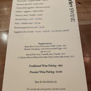 Barley Swine - Menu with supplements/pairings (we didn't opt for any) - New American Near Me - Austin, Texas
