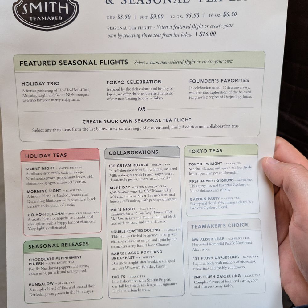 Smith Teamaker - Tea List (Dec 2024) - Tea Rooms Near Me - Portland, Oregon