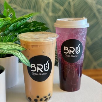 Bru Tea Cafe - Assam (Black) Milk Tea with boba (left) and Rated B (right): both really good - Bubble Tea Near Me - Elk Grove, California Bru Tea Cafe - Assam (Black) Milk Tea with boba (left) and Rated B (right): both really good - Bubble Tea Near Me - Elk Grove, California