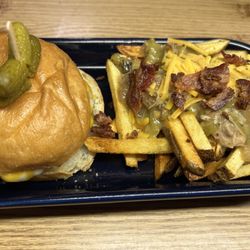 Susanna's Comfort Cuisine - BFF burger with fries loaded with homemade pork green chili