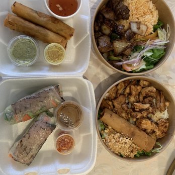 Non’s Kitchen - Summer (pork) egg rolls (bottom left) Egg rolls (top left) Grilled chicken vermicelli (bottom right) Shaken Beef (rib eye) (top right) - Bubble Tea Near Me - Anaheim, California Non’s Kitchen - Summer (pork) egg rolls (bottom left) Egg rolls (top left) Grilled chicken vermicelli (bottom right) Shaken Beef (rib eye) (top right) - Bubble Tea Near Me - Anaheim, California