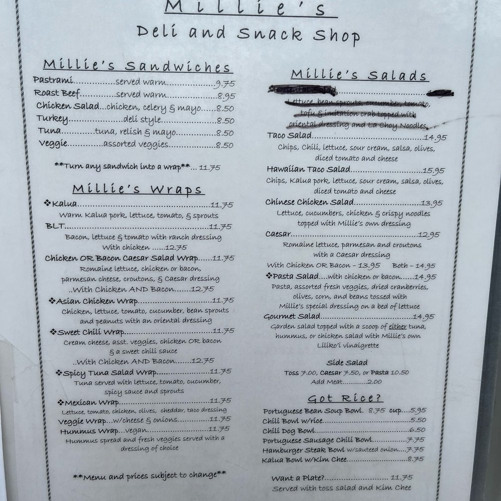 Millie's Deli & Snack Shop - Menu - Delis Near Me - Hilo, Hawaii Millie's Deli & Snack Shop - Menu - Delis Near Me - Hilo, Hawaii