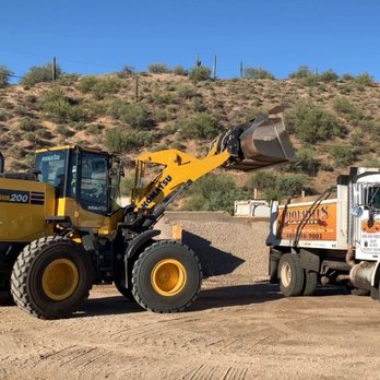 Foothills Granite - a white dump truck and a yellow bulldozer - Landscaping Near Me - Cave Creek, Arizona Foothills Granite - a white dump truck and a yellow bulldozer - Landscaping Near Me - Cave Creek, Arizona