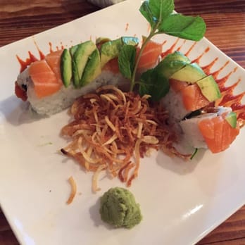Nozomi - I believe this was the Yellow Storm roll... I can't remember very well. It had salmon and avocado on top, spicy tuna inside. - Sushi Bars Near Me - La Jolla, California Nozomi - I believe this was the Yellow Storm roll... I can't remember very well. It had salmon and avocado on top, spicy tuna inside. - Sushi Bars Near Me - La Jolla, California