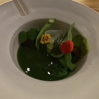Beckon - Summer soup of snap peas, fresh English peas and geraniums. - New American Near Me - Denver, Colorado