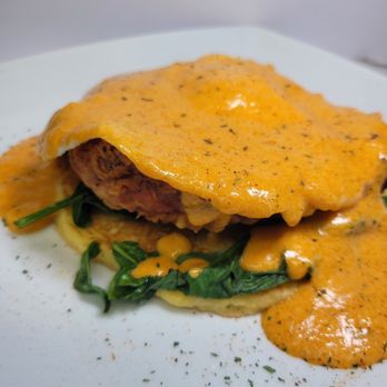 The Pan - Buttermilk Fried Chicken -
Corn cake topped with buttermilk fried chicken breast,
sautéed spinach, 2 eggs & red pepper cream. - Breakfast & Brunch Near Me - Bellflower, California The Pan - Buttermilk Fried Chicken -
Corn cake topped with buttermilk fried chicken breast,
sautéed spinach, 2 eggs & red pepper cream. - Breakfast & Brunch Near Me - Bellflower, California