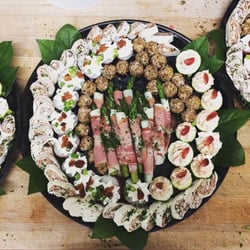 The Culinary Studio - Large Canape Platter - Zucchini Cups, Stuffed New Potatoes, Mozzarella Rollatini, Grapes en Formage, Asparagus / Provolone / Prosciutto