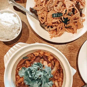 Lam's Kitchen - Salted fish, diced chicken, and eggplant clay pot and shredded pork with lotus root - Chinese Near Me - Matthews, North Carolina
