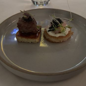 Aubergine Private Dining Club - Umami and savory. On left is Kobe beef. The one on right was a base of a potato pancake cooked in Kobe fat. Amazing - New American Near Me - Columbus, Ohio Aubergine Private Dining Club - Umami and savory. On left is Kobe beef. The one on right was a base of a potato pancake cooked in Kobe fat. Amazing - New American Near Me - Columbus, Ohio