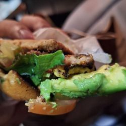 Veggie Shack burger with no Shack sauce, lettuce, tomato, bacon and avocado
