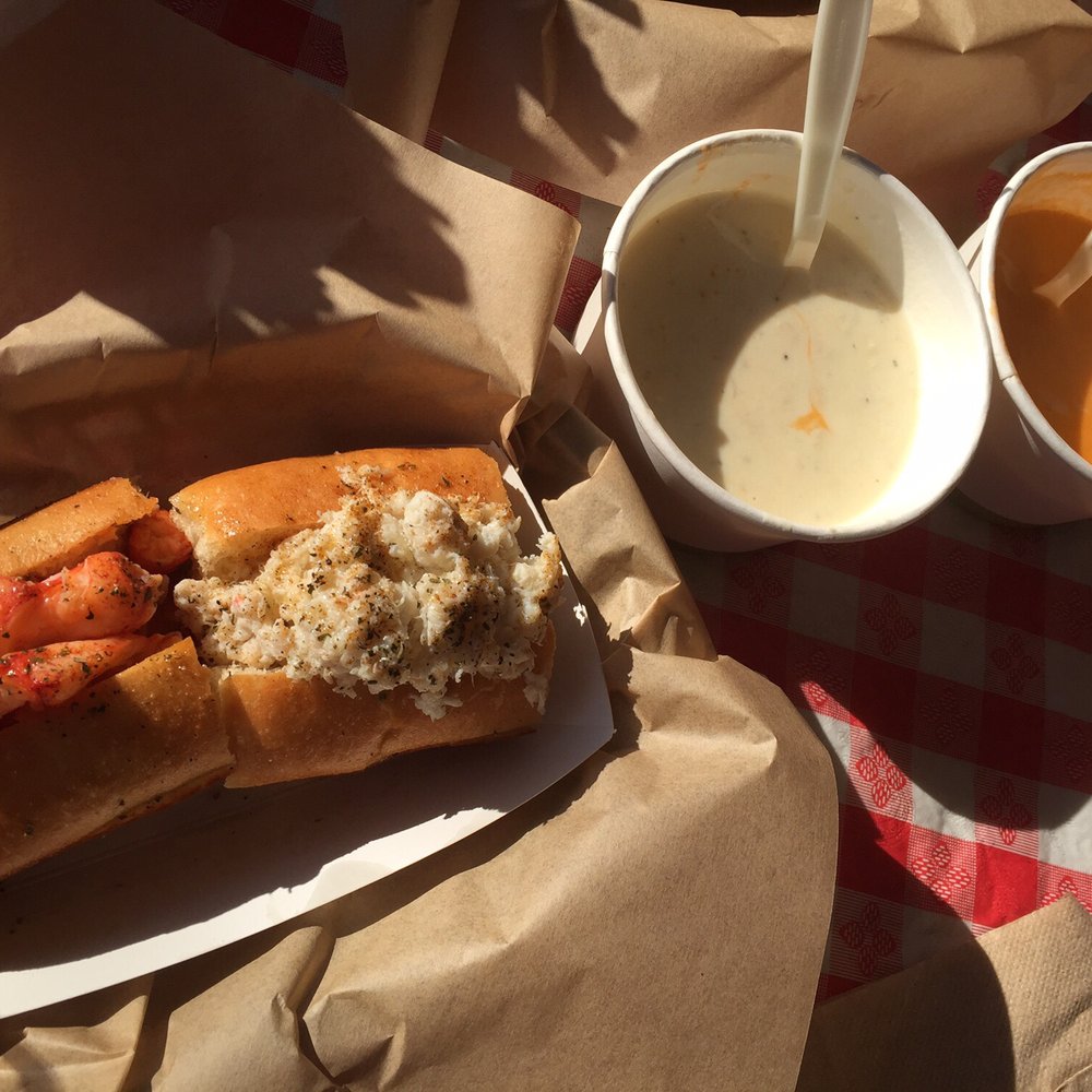 Lobster West - Half of the lobster roll and half of the crab roll. Clam chowder and lobster bisque... Most excellent!!! Get extra meat always! - Seafood Near Me - Encinitas, California Lobster West - Half of the lobster roll and half of the crab roll. Clam chowder and lobster bisque... Most excellent!!! Get extra meat always! - Seafood Near Me - Encinitas, California