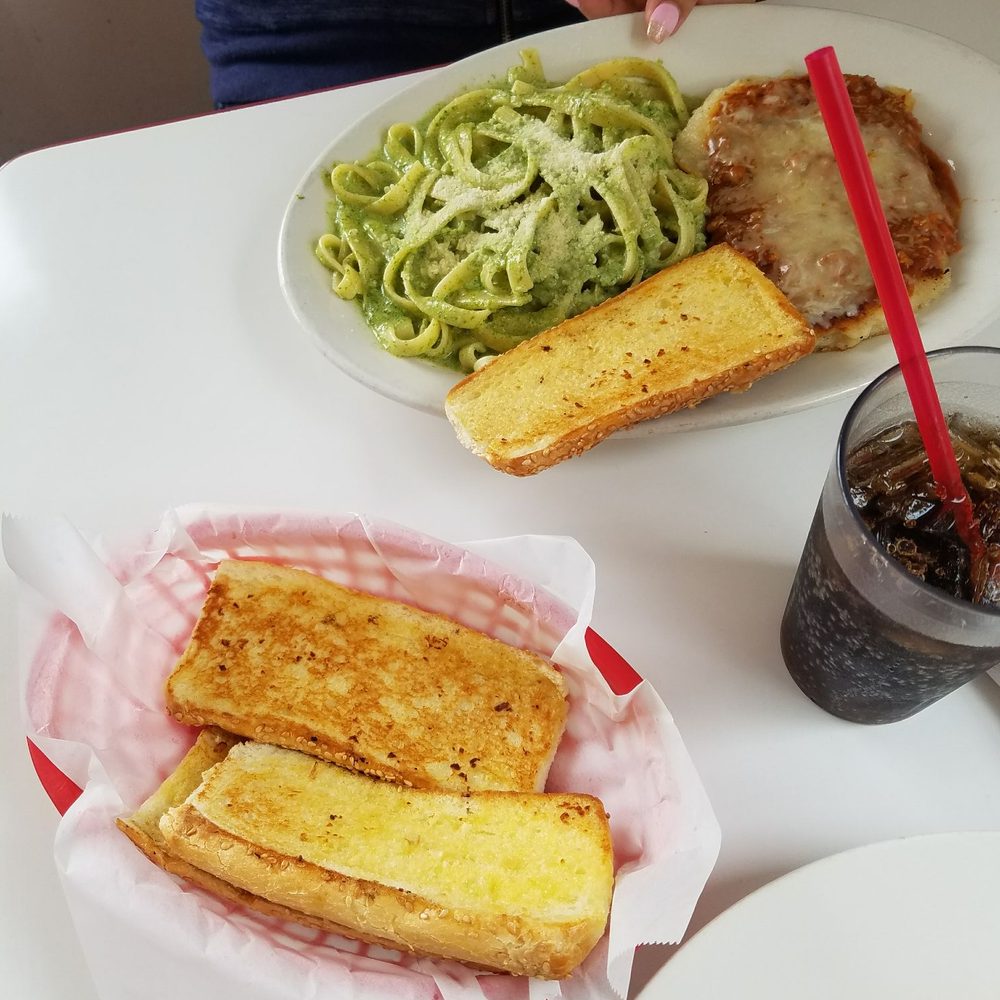 Dino's Grill - Fetuccine w/Pesto and Grilled Chicken Parma with side of bread - Greek Near Me - Newark, California