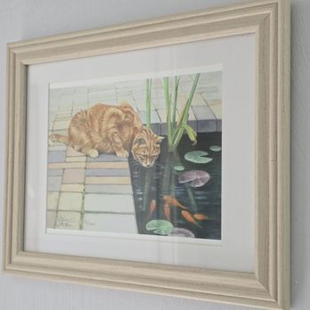 The Toebean Cat Cafe - A framed artwork of a cat looking into a pool of water. - Desserts Near Me - Roanoke, Virginia The Toebean Cat Cafe - A framed artwork of a cat looking into a pool of water. - Desserts Near Me - Roanoke, Virginia