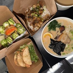 99 Degrees Roll, Salmon Poke Taco, Tonkotsu Ramen, and Pork Bowl 99 Degrees Roll, Salmon Poke Taco, Tonkotsu Ramen, and Pork Bowl