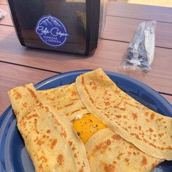 Café Crêpe Mammoth - Little Goat with egg - goat cheese, almonds and honey inside. - Cafes Near Me - Mammoth Lakes, California Café Crêpe Mammoth - Little Goat with egg - goat cheese, almonds and honey inside. - Cafes Near Me - Mammoth Lakes, California