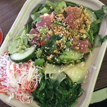 Poké Bar - Small 1/2 rice 1/2 salad w/ Tuna. Crab, seaweed salad, garlic, jalapeño, cucumbers, edamame, and green onion. - Seafood Near Me - Mountain View, California Poké Bar - Small 1/2 rice 1/2 salad w/ Tuna. Crab, seaweed salad, garlic, jalapeño, cucumbers, edamame, and green onion. - Seafood Near Me - Mountain View, California