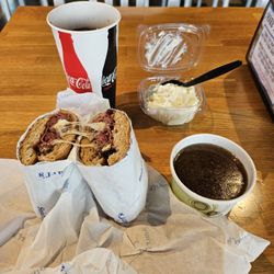 Snarf's Sandwiches - French Dip sandwich on wheat bread with au jus, potato salad & Diet Coke